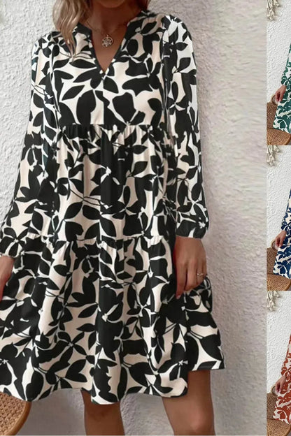 Elegant Leaf Print Long Sleeve Midi Dress