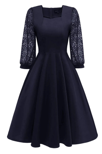 Elegant Long Sleeve Square Neck Midi Dress