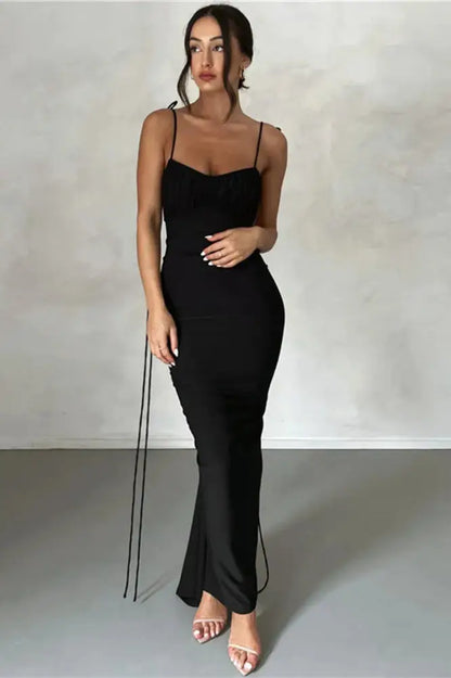 Spaghetti Strap Ruched Wrap Maxi Dress