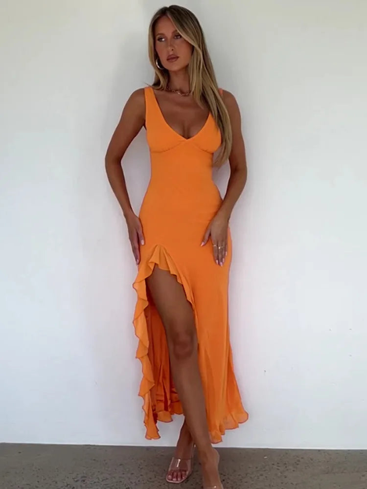 Elegant Sleeveless Ruffles Deep V-Neck Maxi Dress