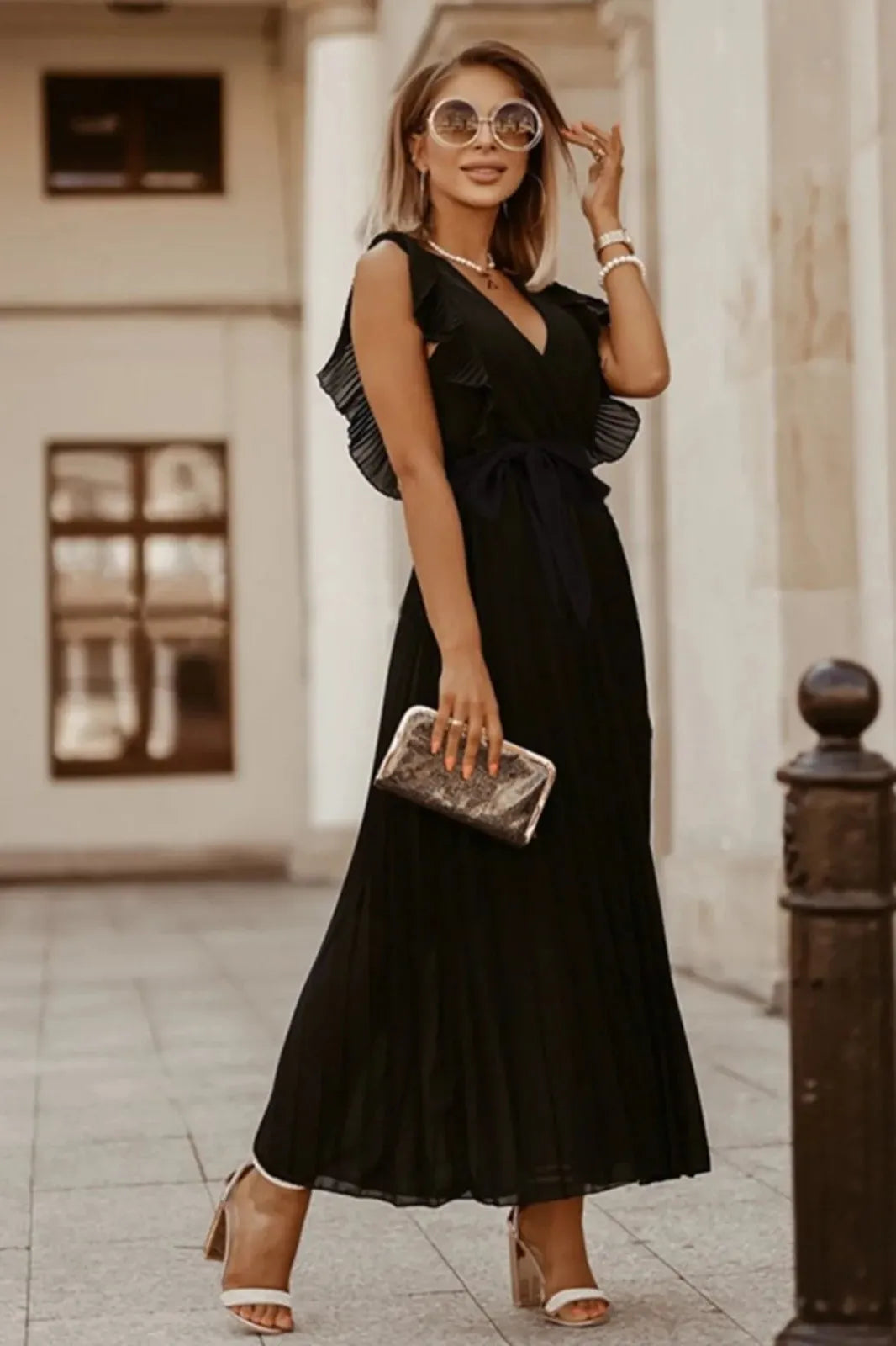 Leaf Sleeve Belt V-Neck Pleated Maxi Dress