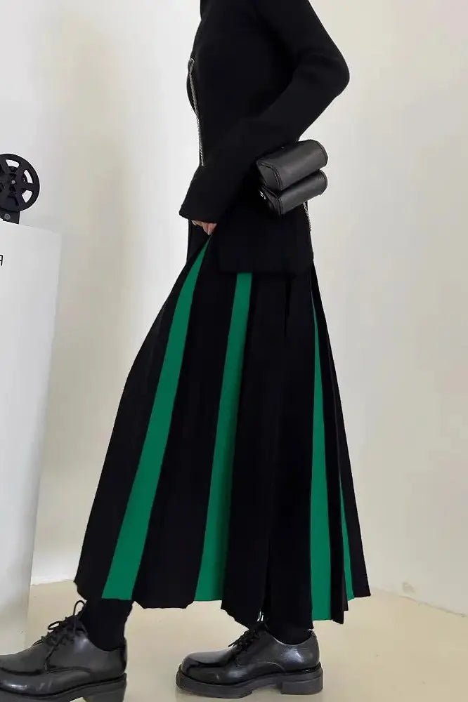 High Waist Patchwork Pleated Maxi Skirt