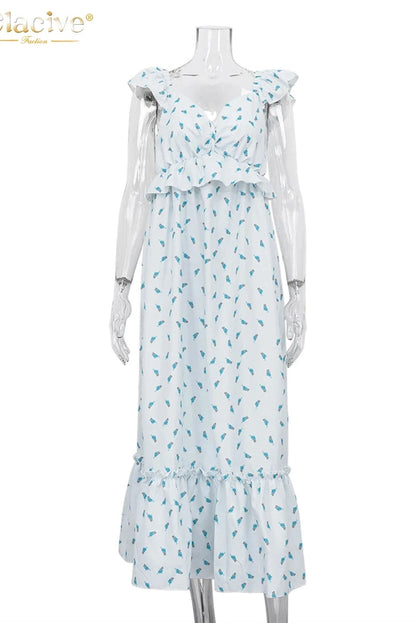 Printed V-Neck Sleeveless Maxi Dress