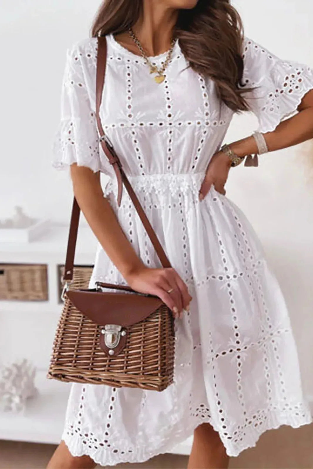 Hollow Out Lace Flutter Sleeve Short Dress