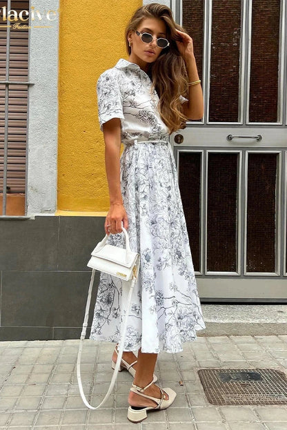 Print Short Sleeve Midi Dress