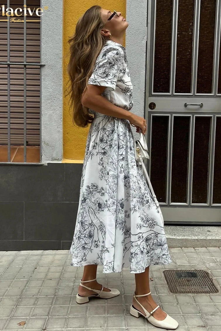 Print Short Sleeve Midi Dress