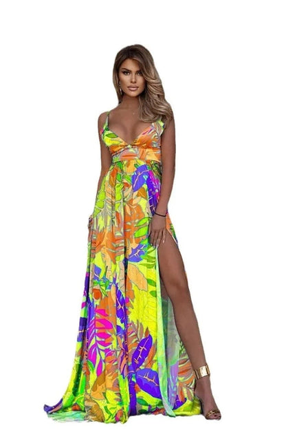 Printed Deep V-Neck Backless Maxi Dress