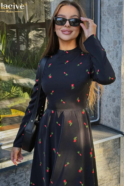 Print O-Neck Long Sleeve Maxi Dress