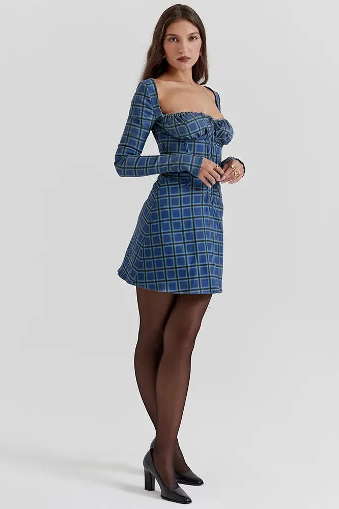 Tartan Square Collar Backless Mini Dress