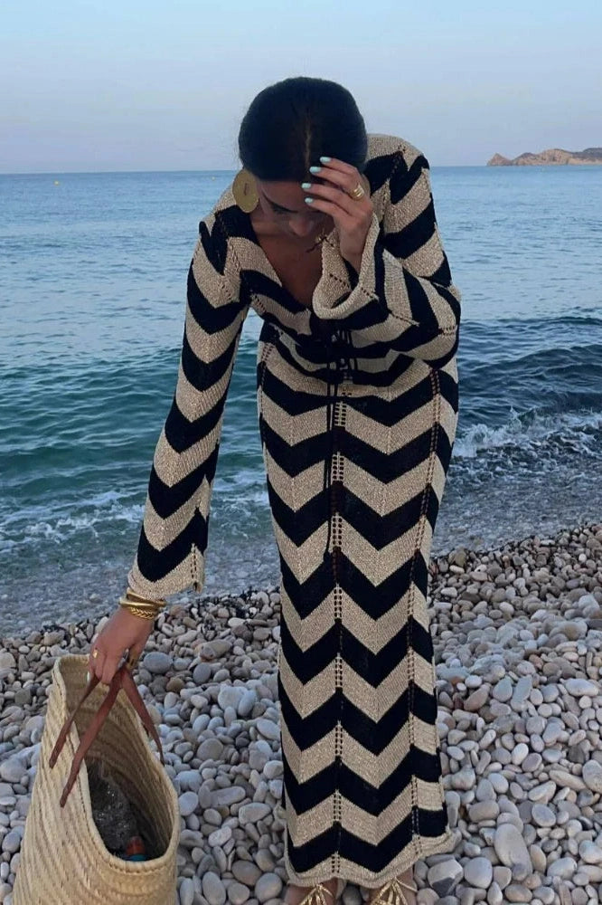 Elegant Striped Lace-Up Maxi Dress