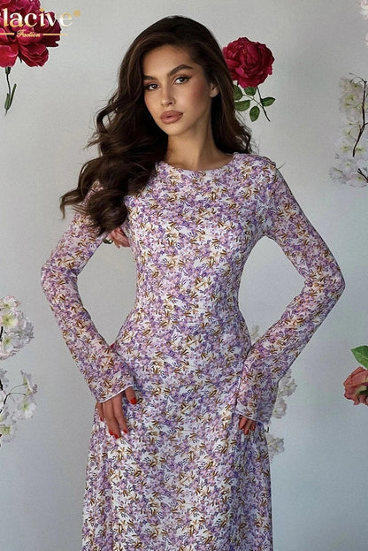 Print O-Neck Long Sleeve Maxi Dress