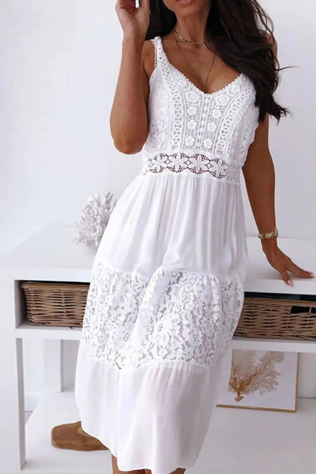 Elegant Lace Stitching Strap Maxi Dress