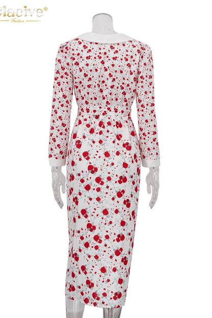 Elegant Print Long Sleeve Midi Dress