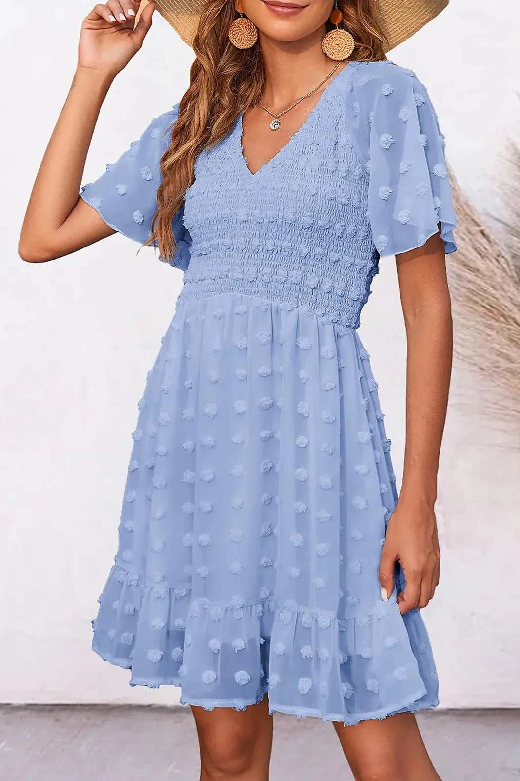 V Neck Smocked Dot Mini Dress