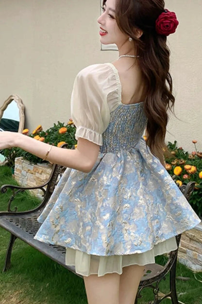 Elegant Lace-Up Printed Mini Dress