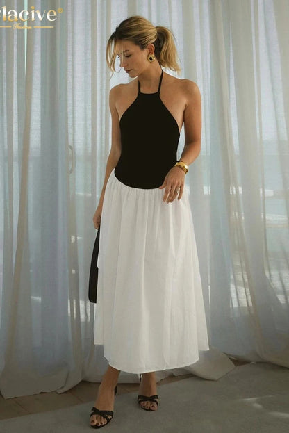 Patchwork Halter Sleeveless Maxi Dress