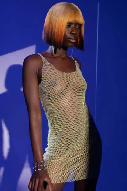 Glitter See-Through Spaghetti Strap Shiny Short Dress