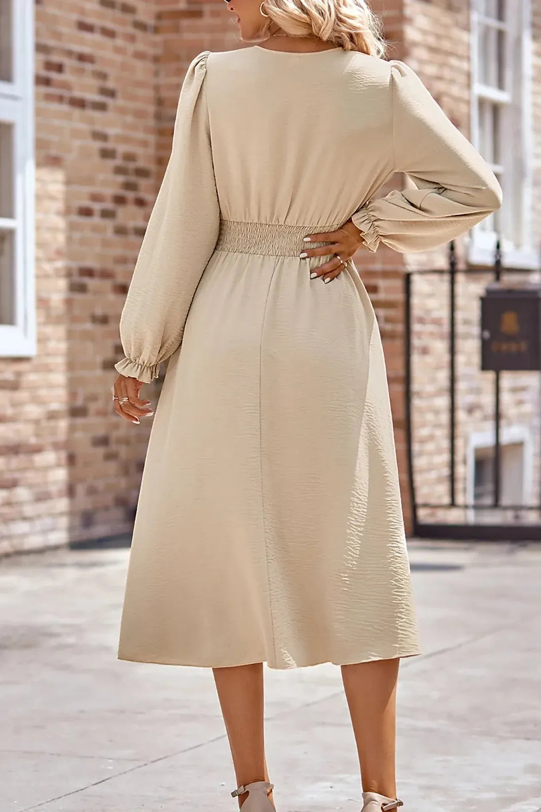 Long Sleeve V Neck Button Midi Dress