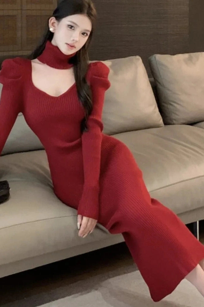 V-Neck Long Sleeve Bodycon Maxi Dress