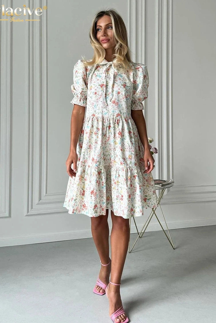 Printed Short Sleeve Midi Dress