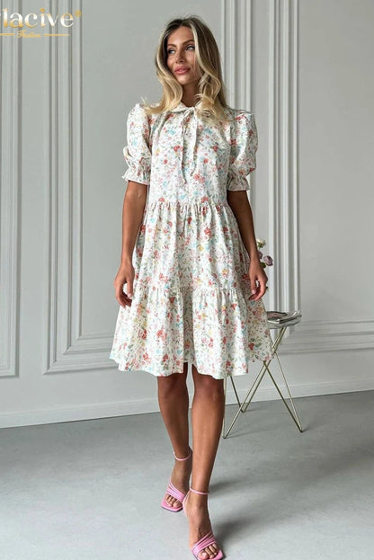 Printed Short Sleeve Midi Dress