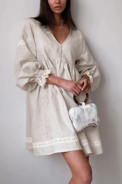 V Neck Button Waist Loose Mini Dress