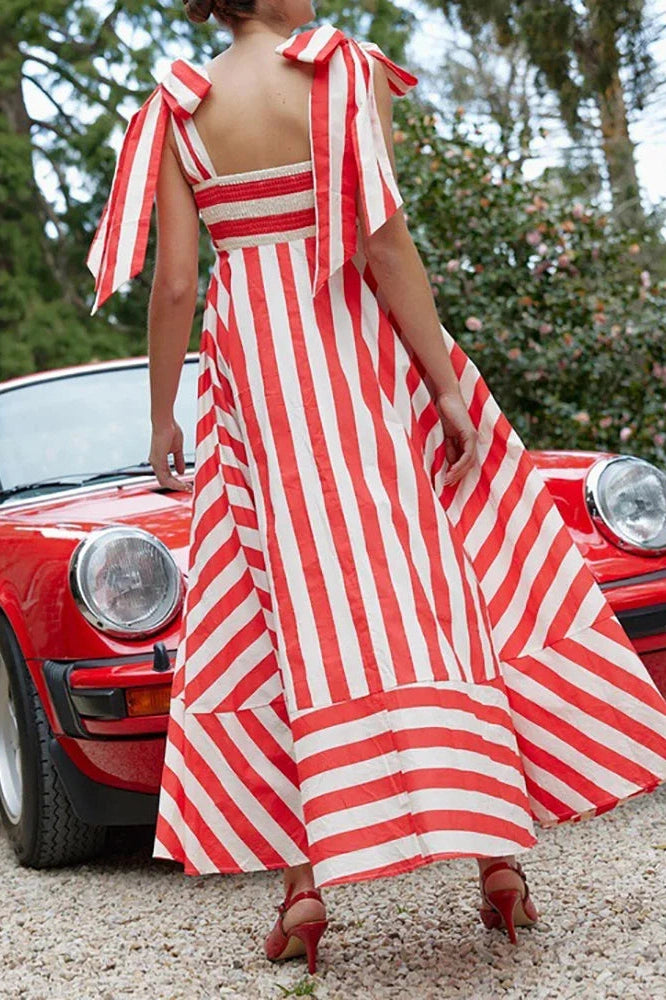 Elegant Striped Backless Maxi Dress