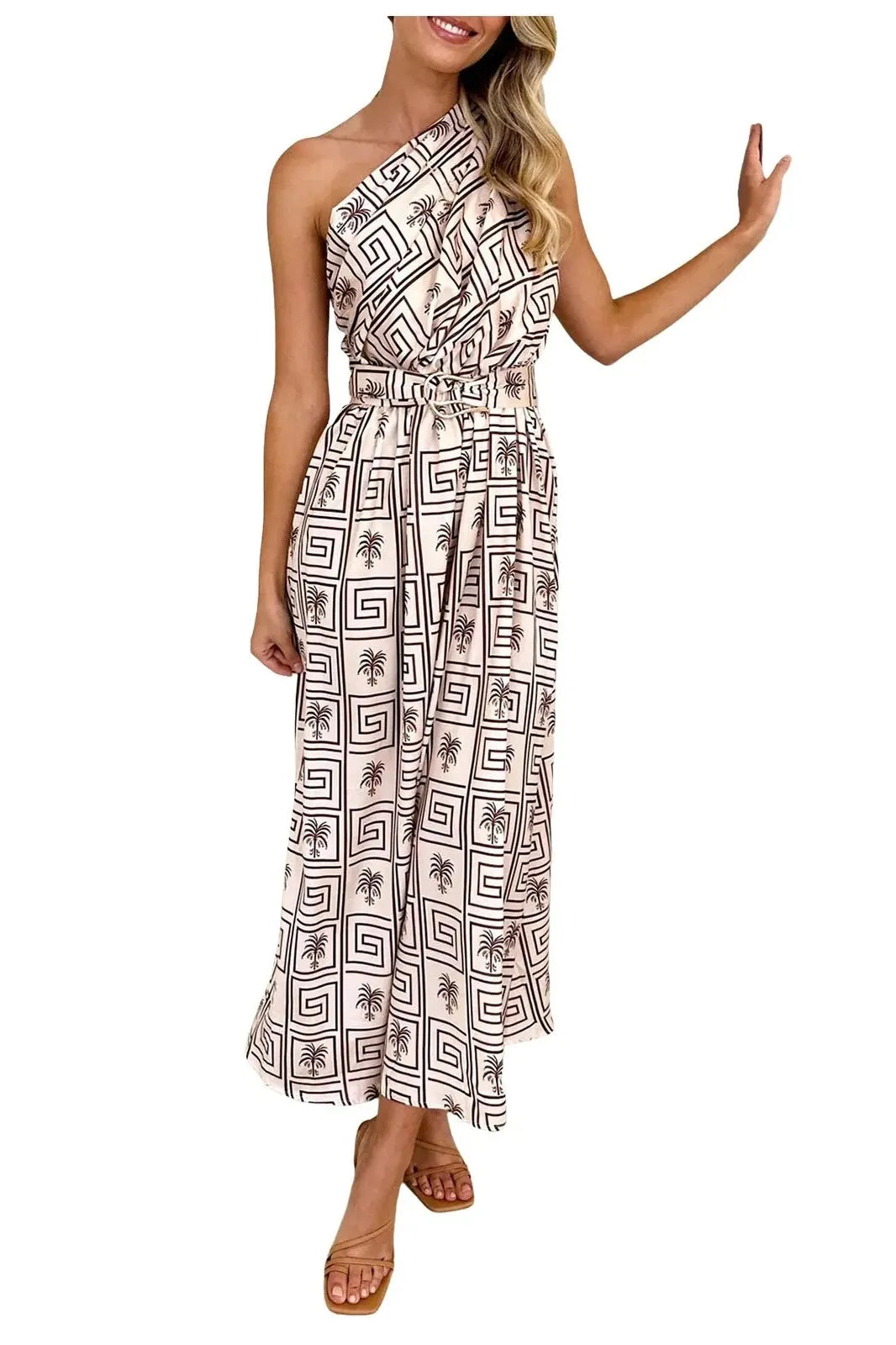 One-Shoulder High Waist Print Maxi Dress