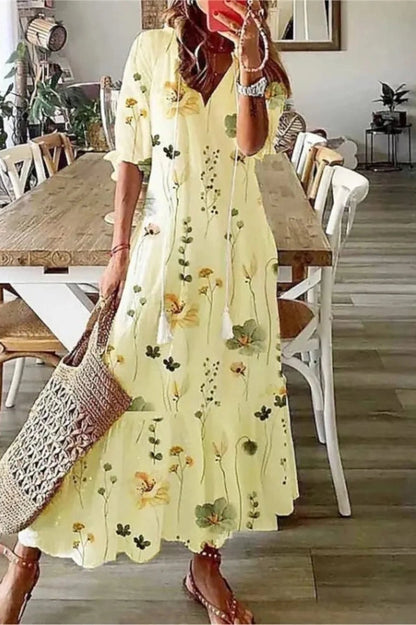 Printed V-Neck Half-Sleeve Maxi Dress