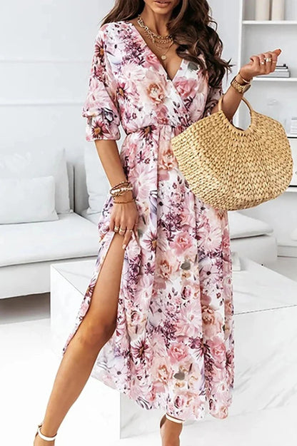 Printed V-Neck Short Sleeve Midi Dress