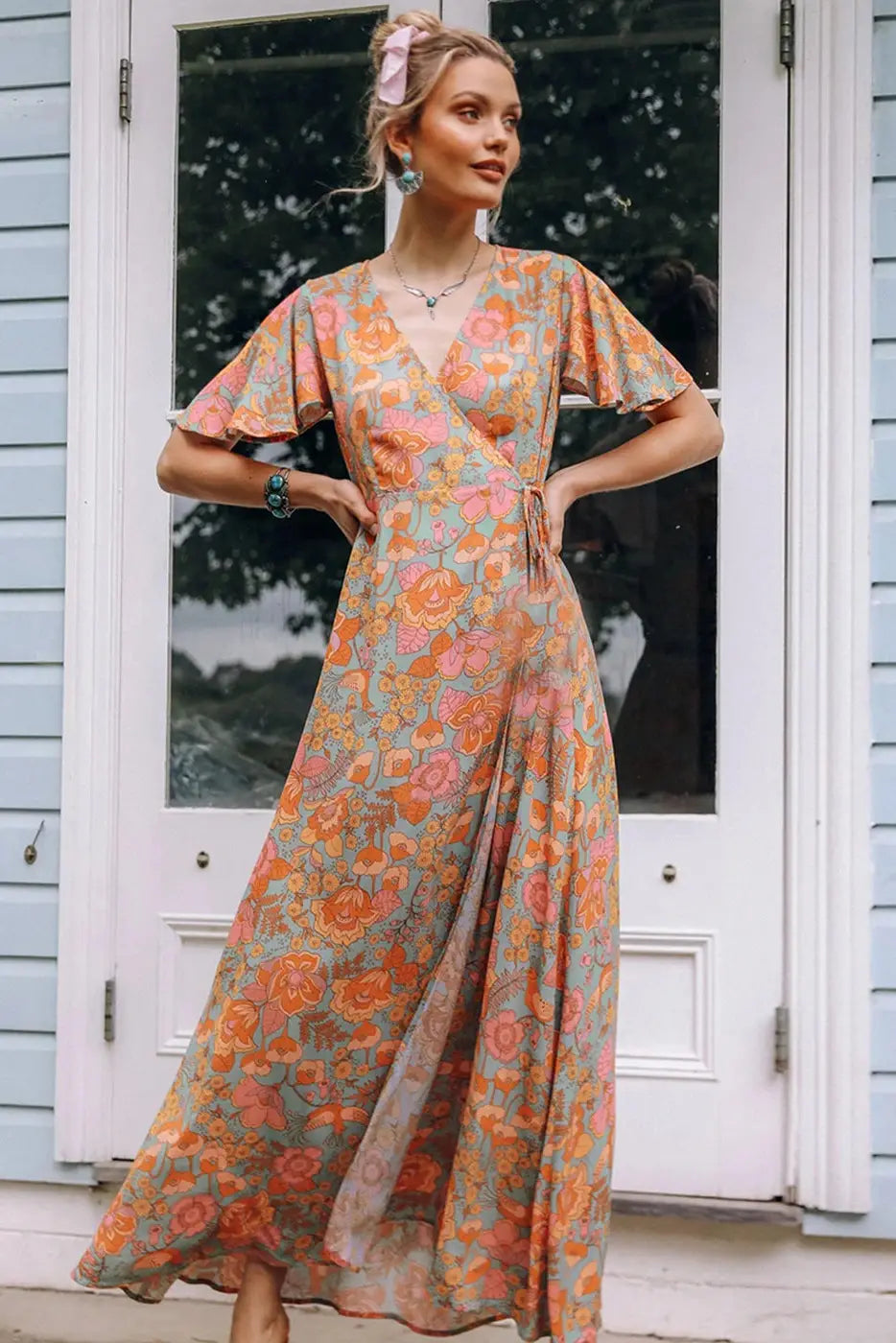 Bohemian Fashion Floral Printed High Waist Wrap Maxi Dress