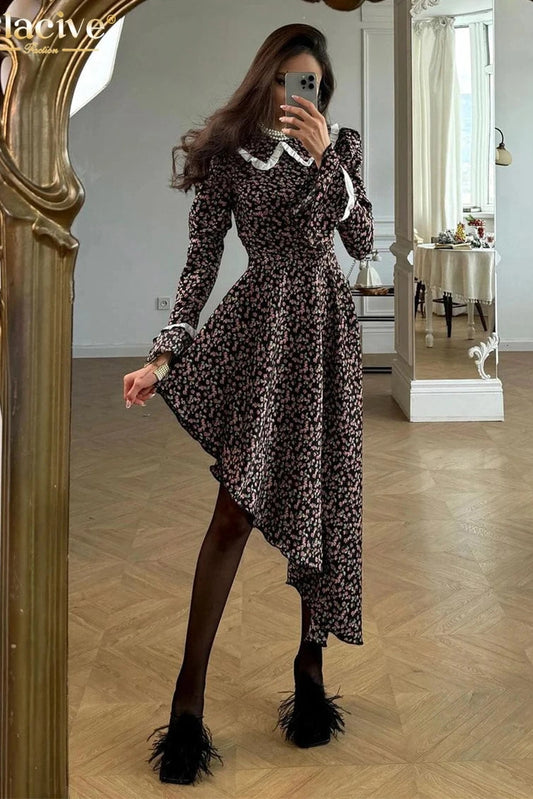 Elegant Long Sleeve Print Midi Dress