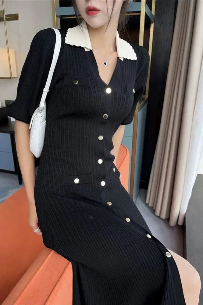 Elegant V-Neck Puff Sleeve Midi Dress