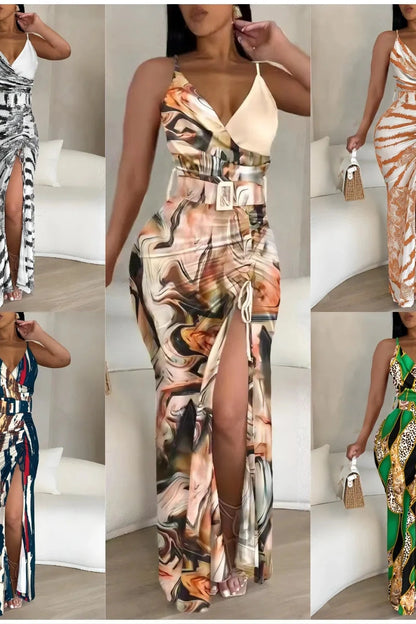 Deep V-Neck Printed Maxi Dress