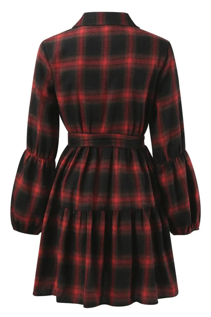 Elegant Long Sleeve Plaid Midi Dress