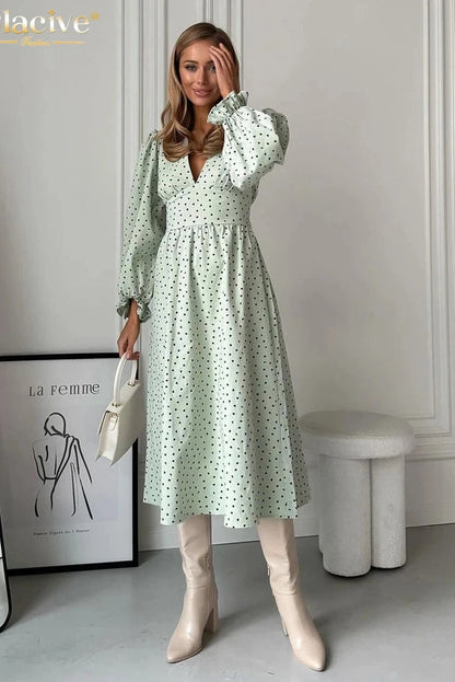 V-Neck Long Sleeve Midi Dress