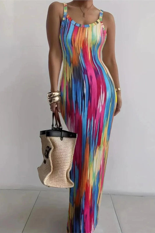 Printed Spaghetti Strap Bodycon Maxi Dress