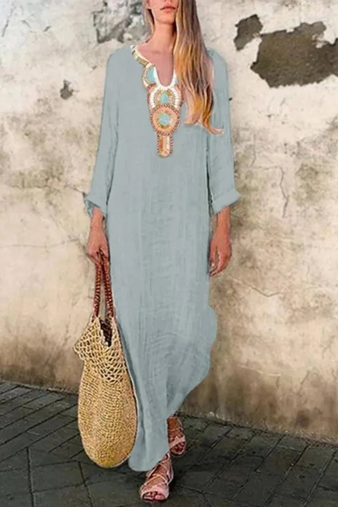 V-Neck Long Sleeve Printed Maxi Dress