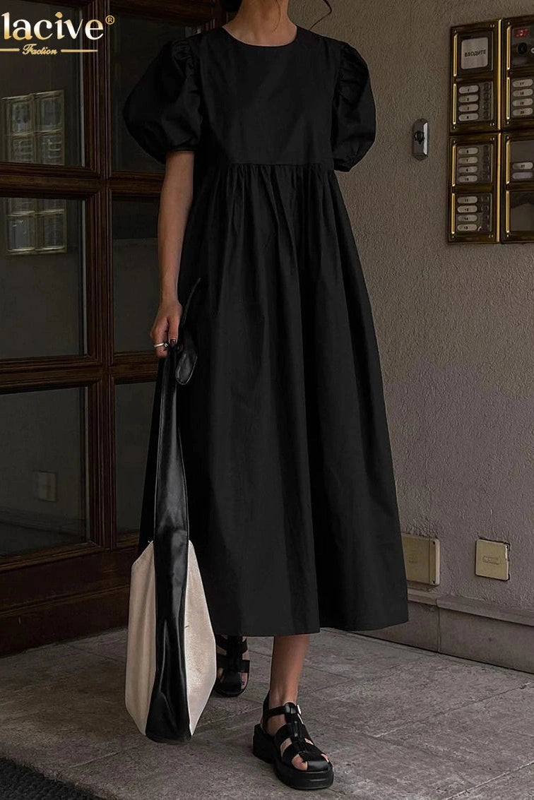 Elegant Short Sleeve O-Neck Midi Dress