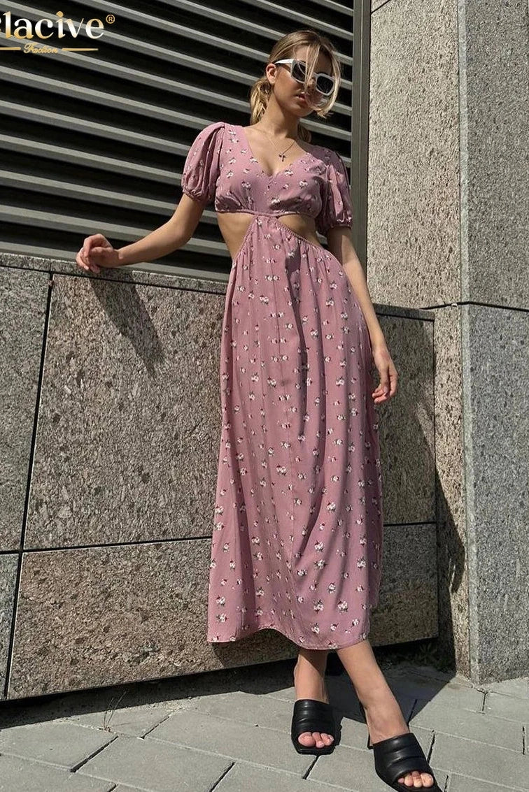 V-Neck Hollow Out Maxi Dress