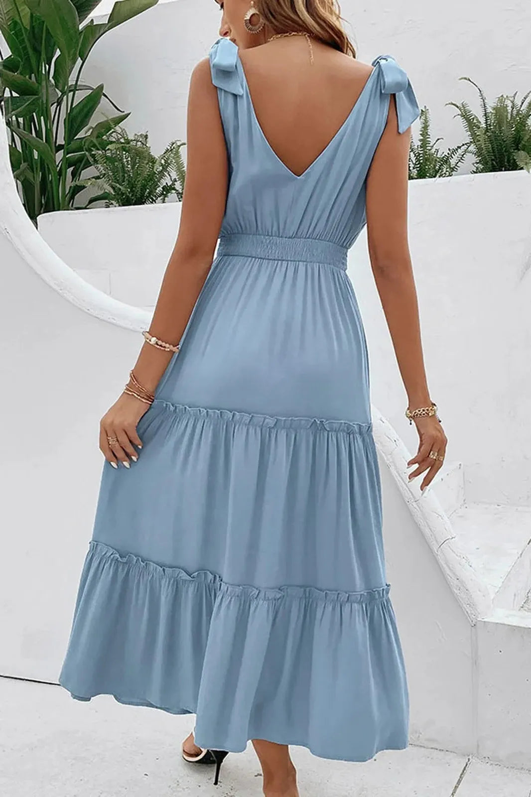 V Neck Sleeveless Knee Length Midi Dress