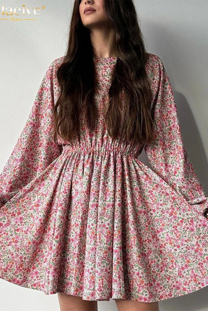 Print O-Neck Puff Sleeve Mini Dress