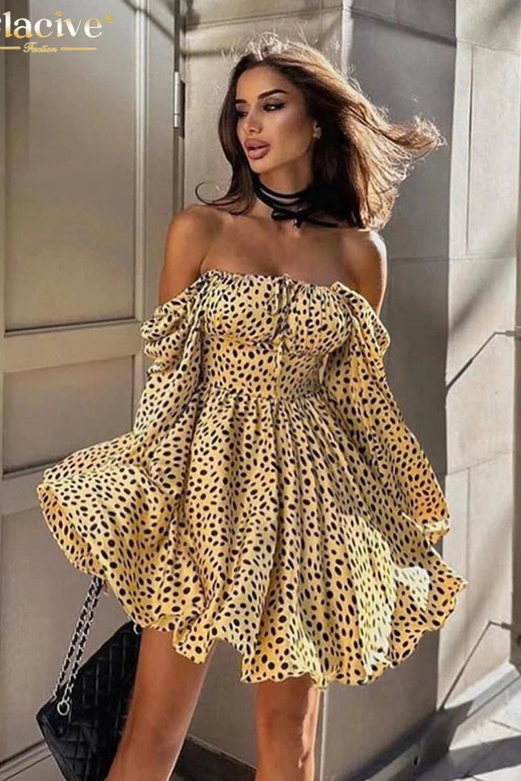 Elegant Print Long Sleeve Mini Dress