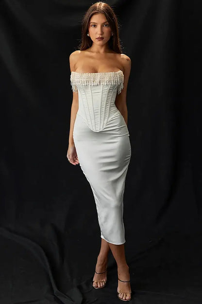 Pearl Tassel Off-Shoulder Strapless Midi Dress