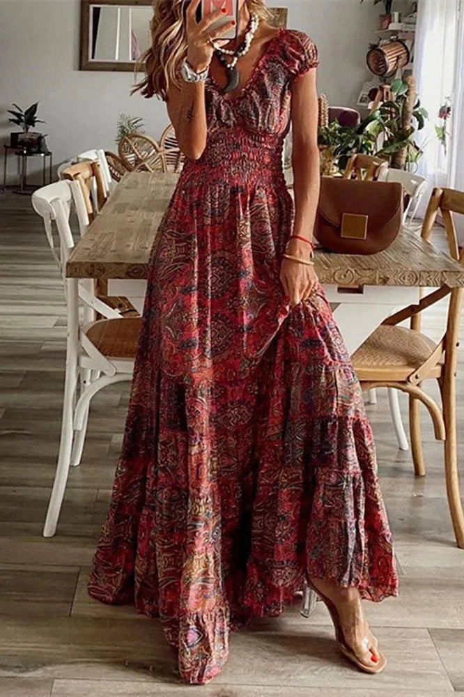 V-Neck Floral Print Maxi Dress