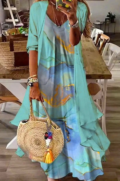 Spaghetti Strap V-Neck Loose Print Maxi Dress