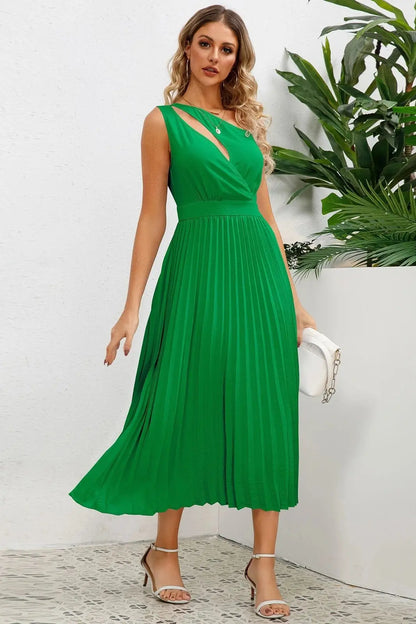 Elegant Slim Fit Solid Waist Pleated A-Line Maxi Dress