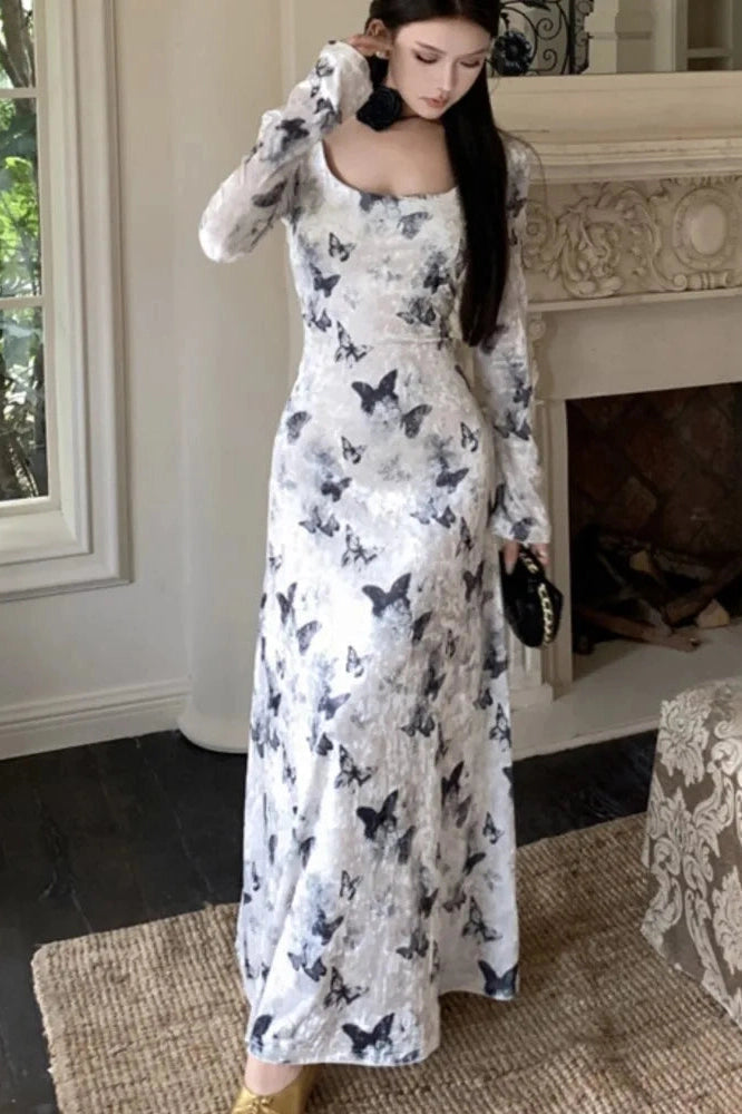 Elegant Velvet Butterfly Print Maxi Dress