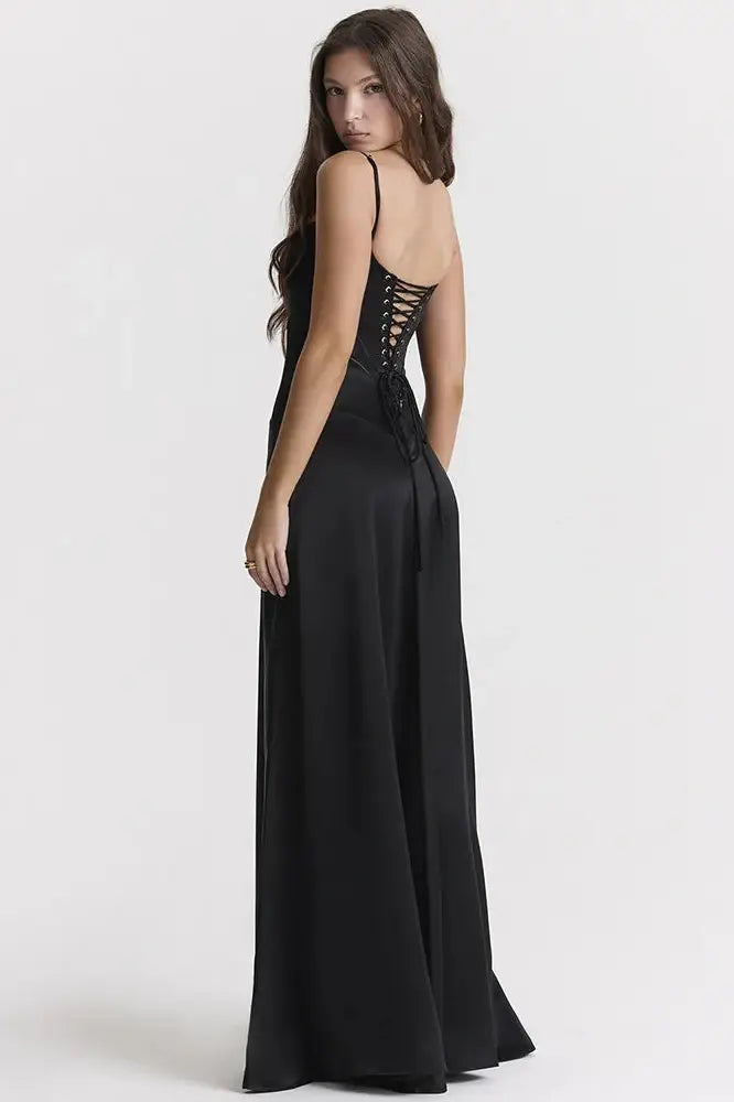 Lace-Up Satin Spaghetti Strap Maxi Dress