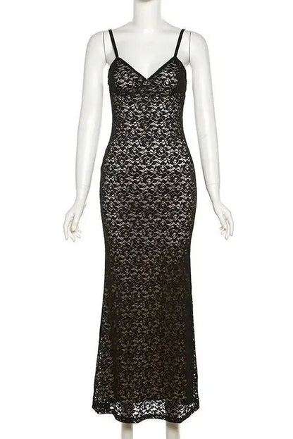 Elegant Solid Lace See-Through Sling Sleeveless Backless Maxi Dress
